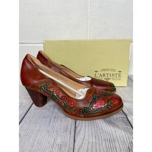 L'Artiste Floral Embossed Leather Pumps Heels Camel Multi Size 9.5-10 EU‎ 41